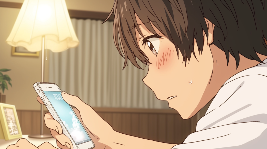 スマートフォンを前に言葉を選びあぐねる男性。直接伝えられない心理的コストを表す