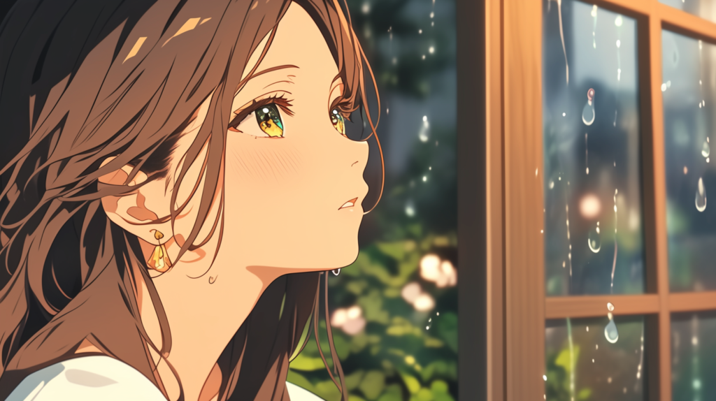 窓辺に立つ女性。顔の半分に陽光、半分に雨。「半分本当、半分嘘」という心理を象徴する