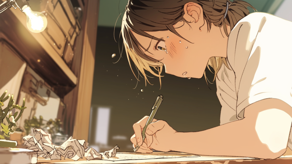 400字詰め原稿用紙に向かう学生——反省文を1枚にまとめた原体験を表すイラスト