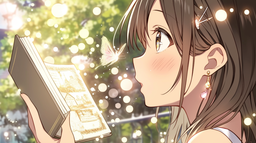 光る絵本から蝶が舞い上がるのを見つめる女性のイラスト｜プリンセス・ストーリーへの感情移入を表すシーン
