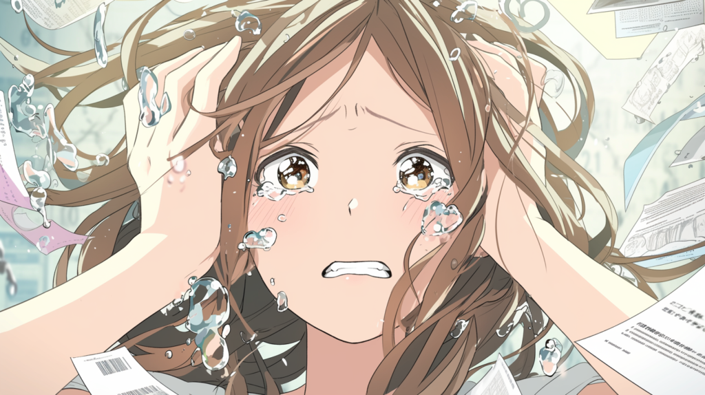 プロフィールカードや数字に囲まれて混乱している婚活中の女性のイラスト