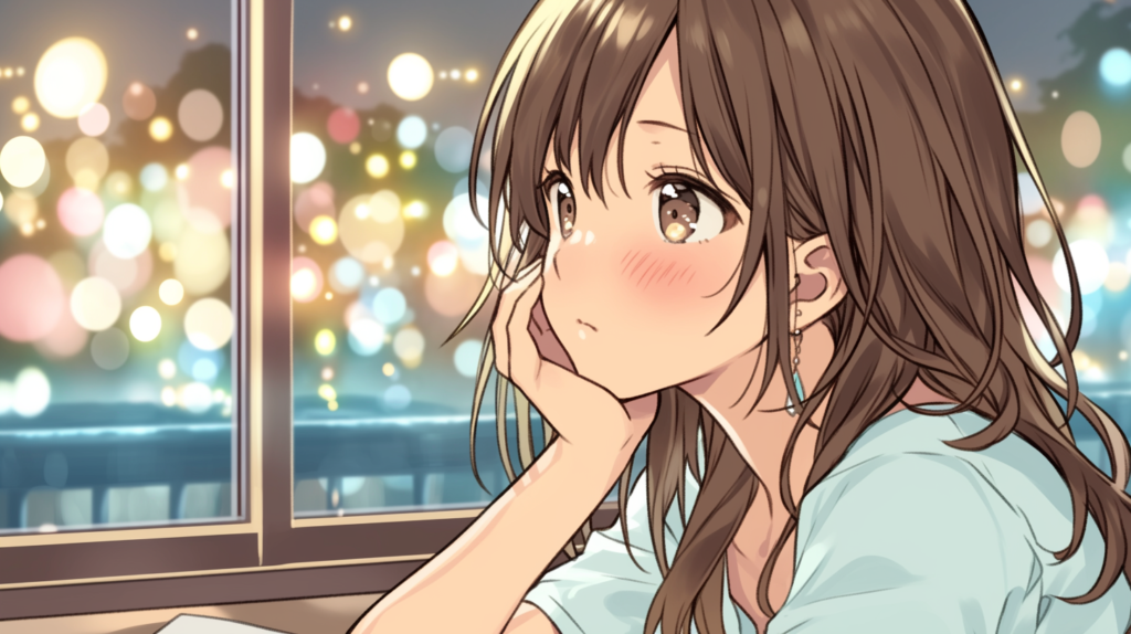 婚活の決断疲れで頬杖をついて考え込む女性のイラスト