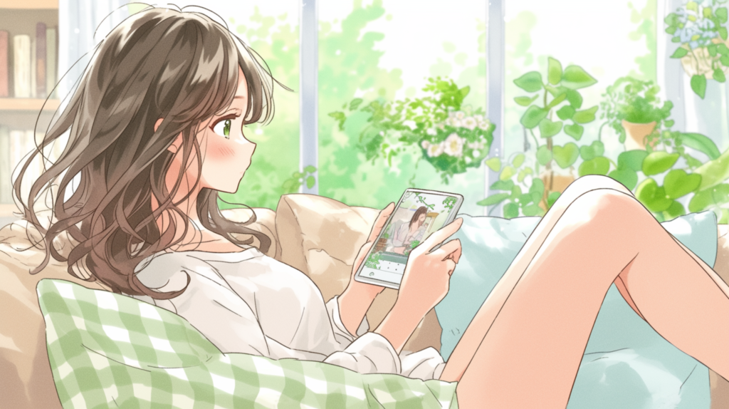 スマートフォンで自己PRを読んで自然に微笑む30代女性のイラスト