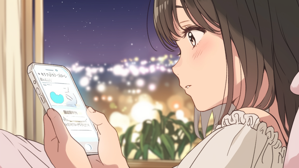 夜、スマートフォンのメッセージを読む女性。表情に小さな違和感が浮かぶ