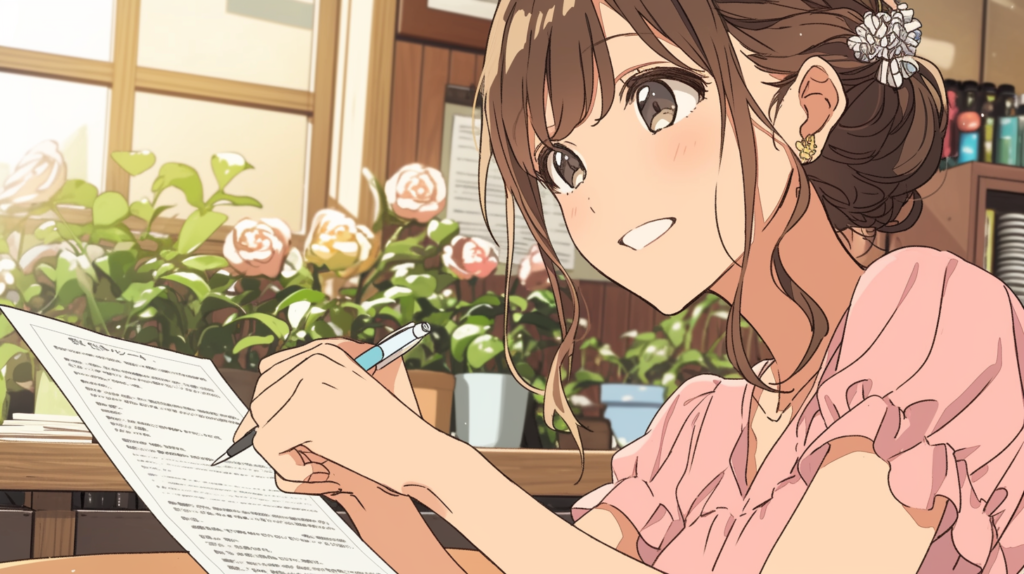 カフェで婚活プロフィールを記入する女性のイラスト｜婚活サービスへの登録とプリンセス心理の関係を表すシーン