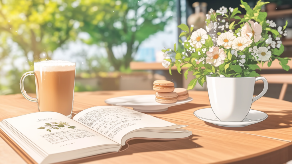 華やかに演出されたカフェテーブル。きらびやかだが人の気配がない、条件中心のプロフィールのイメージ。