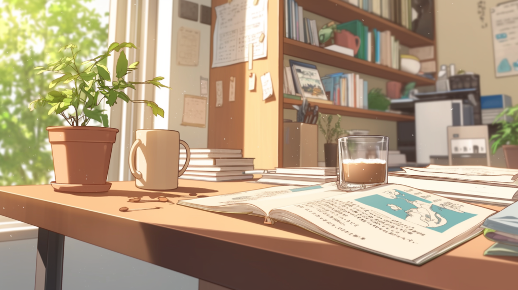 夕暮れ時のキッチンカウンター。飲みかけのコーヒーと開いたレシピ本。生活観が自然ににじみ出る暮らしのイメージ。
