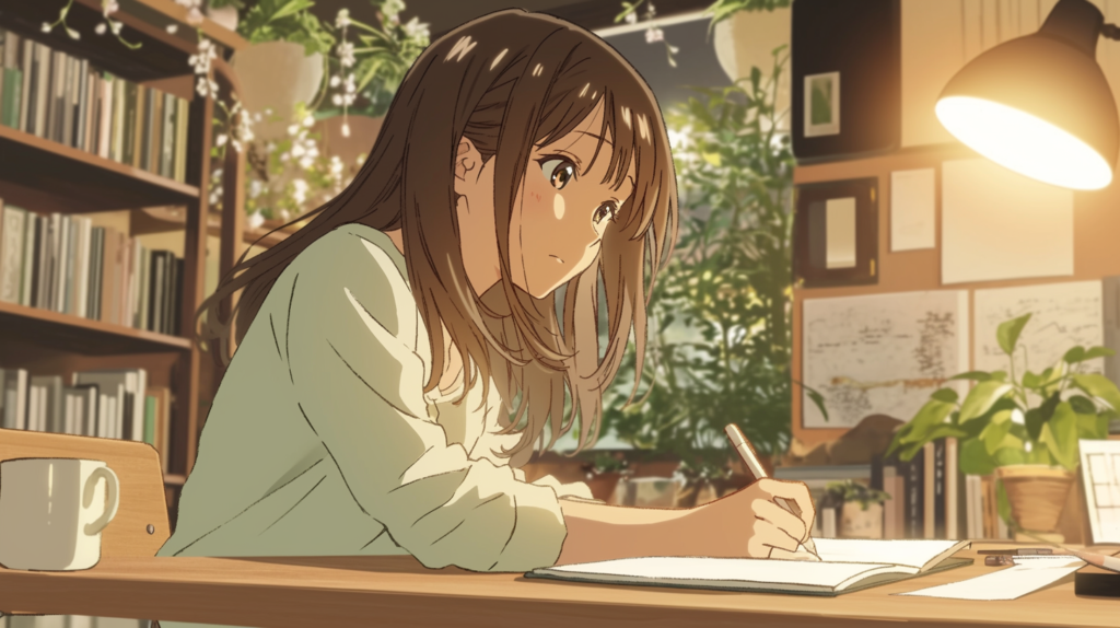 夜、手帳に向かう30代女性。婚活プロフィールの生活観を「磨く」作業のイメージ。
