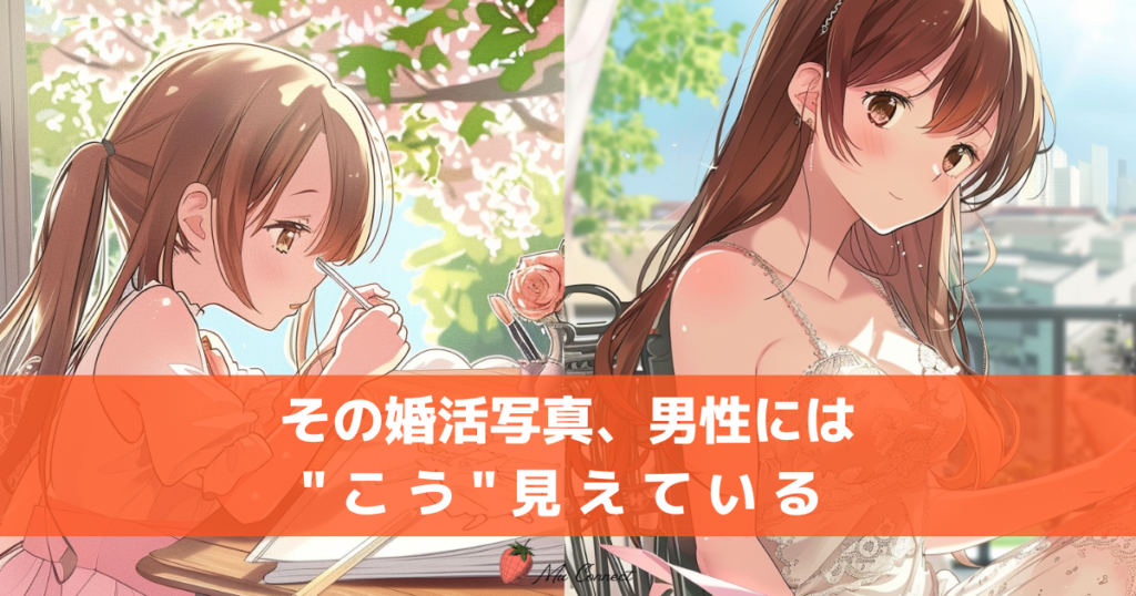 婚活写真が男性にどう見えるかを表すイラスト｜絵を描く女の子と婚活中の女性の対比