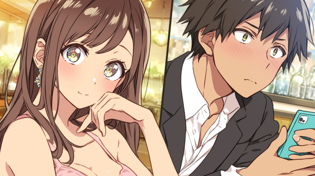 婚活写真を見て戸惑う男性とドレス姿の女性の対比イラスト｜女性受けと男性受けの認識のズレを表すシーン
