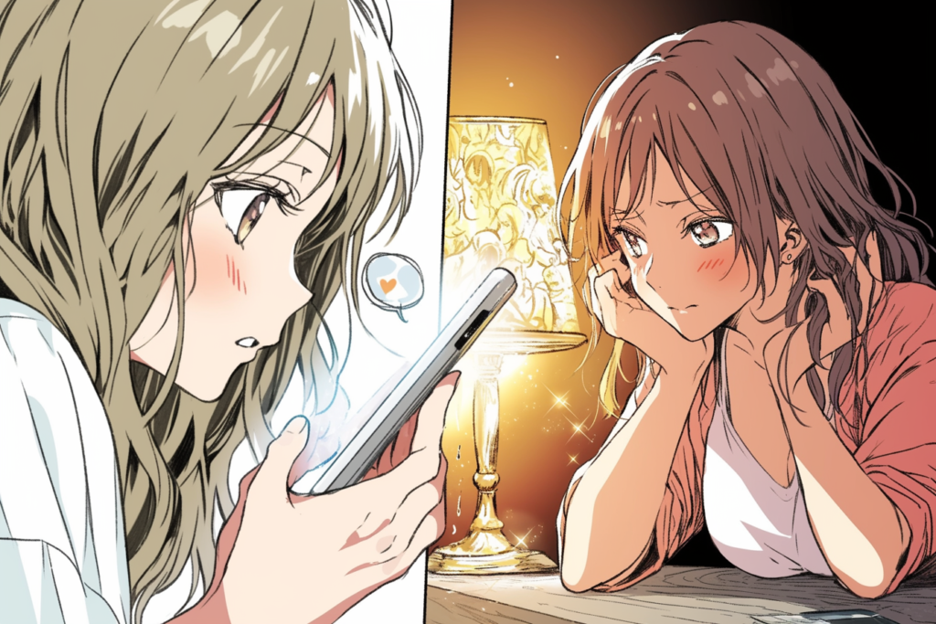 写真を先に見る女性と、文章を先に読む女性、二つの行動を対比したイメージ