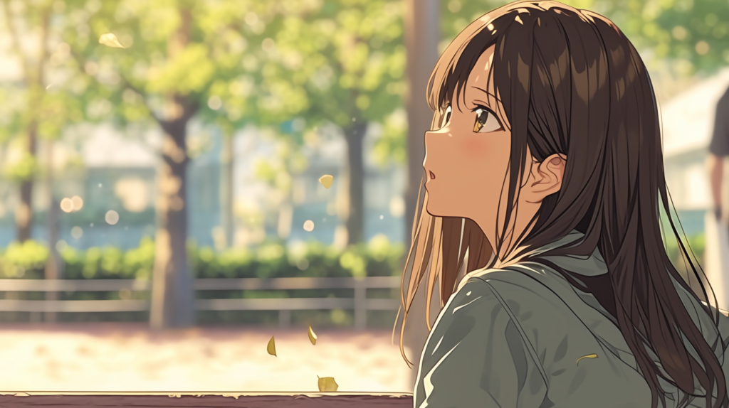 公園のベンチに座り前を見つめる女性の後ろ姿。重さを手放して、静かに前を向く