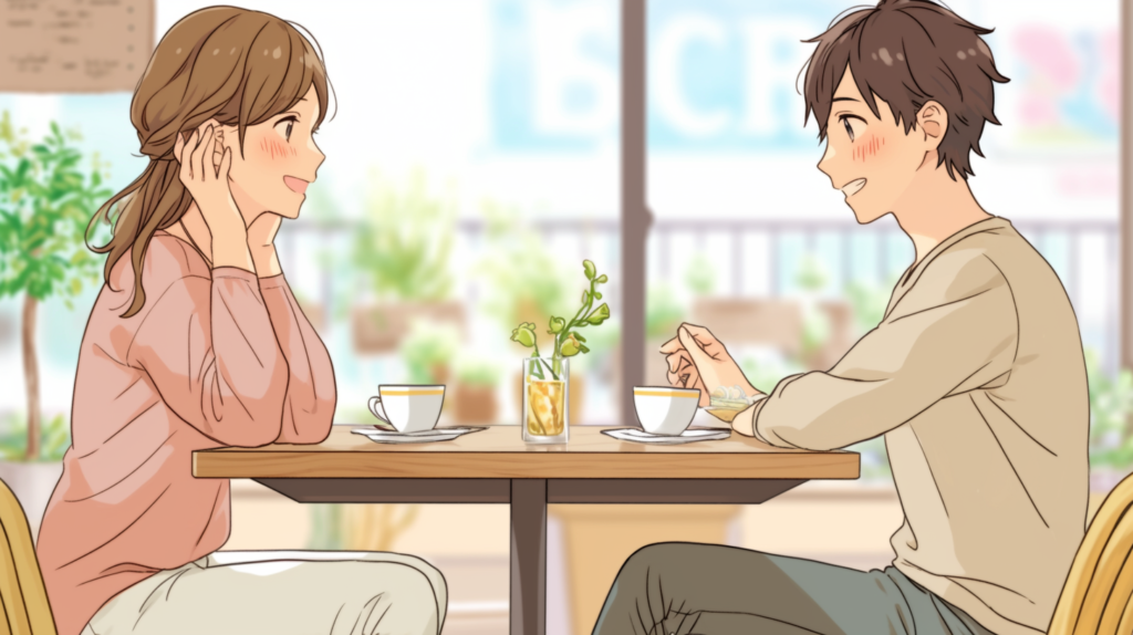 カフェで向き合い会話する二人のイラスト。データではなく人と人の物語を重視するナラティブ婚活の概念を表す挿絵。