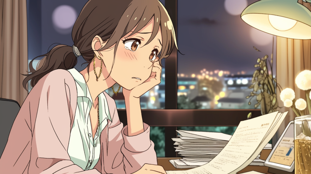 深夜に一人デスクで考え込む女性プロフェッショナルのイラスト。婚活参謀・横井睦智が1年間業界の行く末を考え続けた心情を表す。
