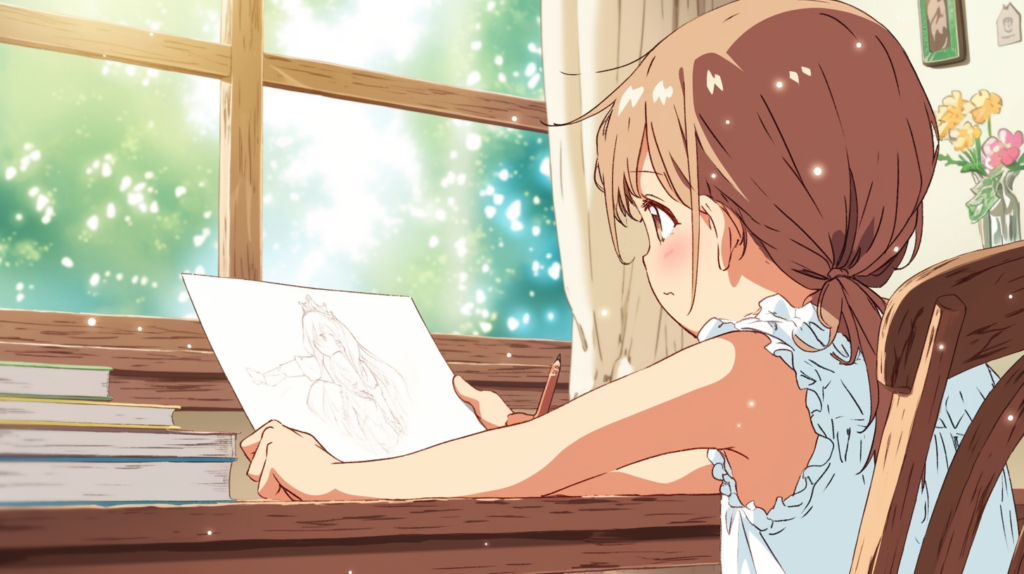窓辺でお姫様の絵を描く女の子の横顔イラスト｜子どもの絵に込められた自己肯定感と主人公意識を表すシーン
