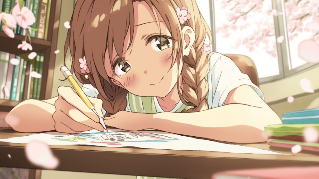 桜舞う窓辺で絵を描く女の子のイラスト｜3歳の絵に現れる女の子の主人公意識を表すシーン