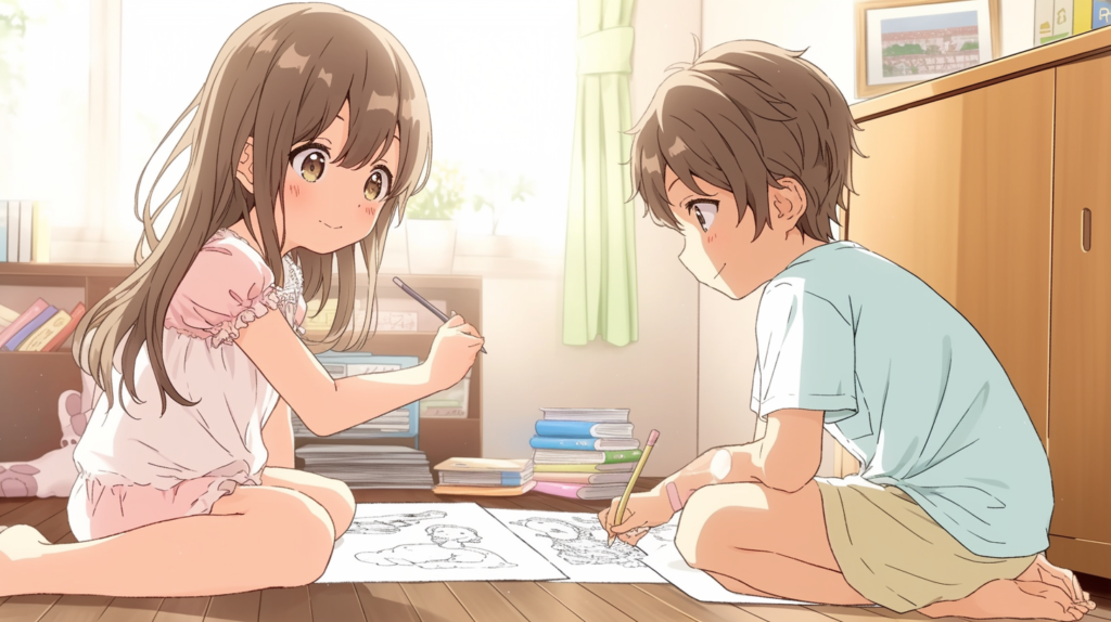 女の子と男の子が並んで絵を描くイラスト｜子どもの絵に現れる男女の興味の違いを表すシーン