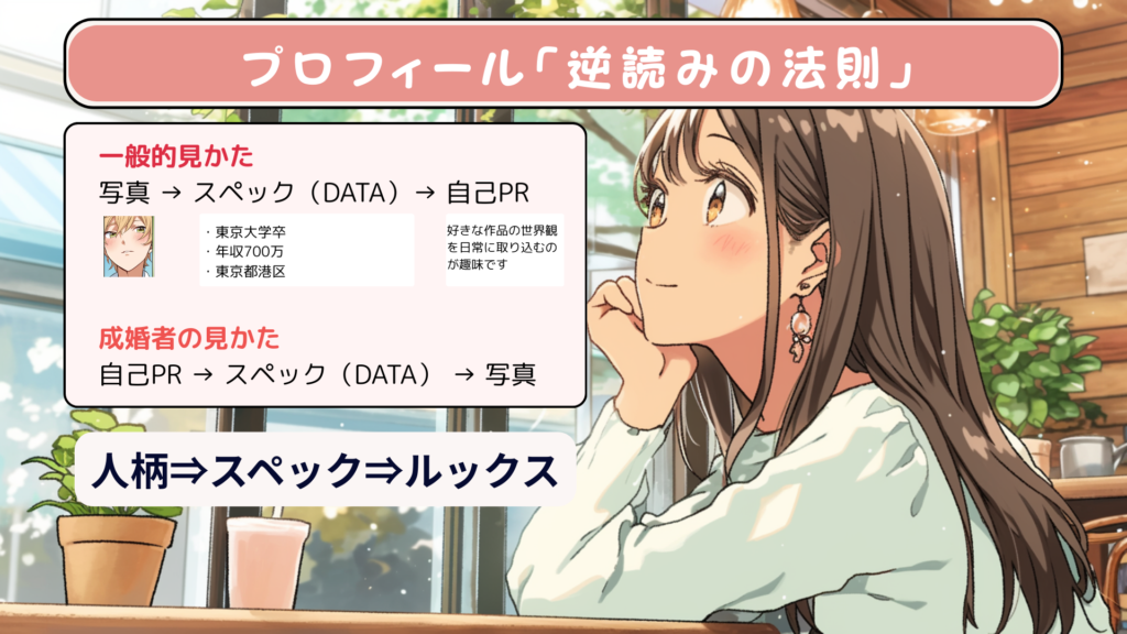 結婚相談所のプロフィール「逆読みの法則」を示した図解。一般的な見かたは「写真→スペック→自己PR」の順、成婚者の見かたは「自己PR→スペック→写真」の順で、人柄・スペック・ルックスの優先順位が逆であることを矢印で比較したインフォグラフィック