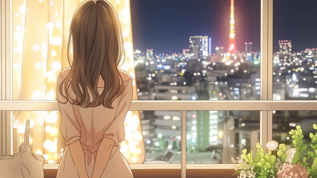 夜の窓の前に立つ女性の後ろ姿。自分自身に問いを立てる静かな決意の瞬間