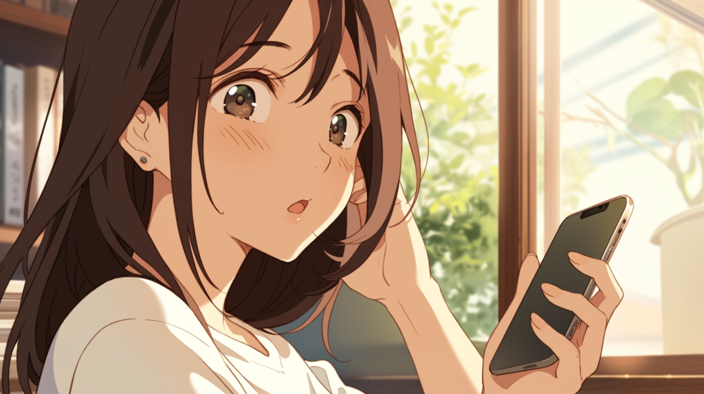 デスクでスマートフォンを見つめる女性。予期せぬ知らせに静かに戸惑う表情