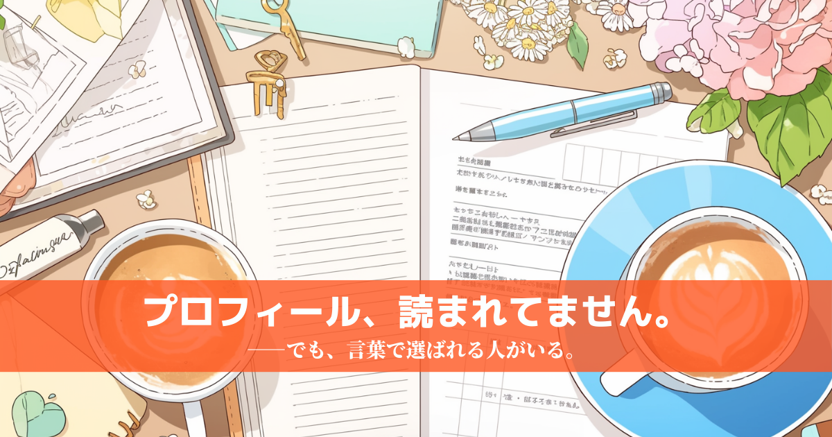 結婚相談所のプロフィール画面の数字データ（左）と手書きの自己PR文・本・コーヒーなどの温かみある小物（右）を対比させたイラスト
