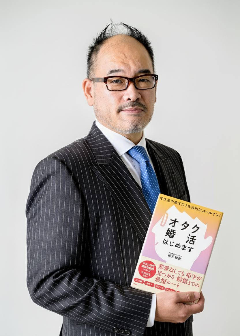婚活コンサルタント・横井むつともが著書「オタク婚活はじめます」を手に持つプロフィール写真