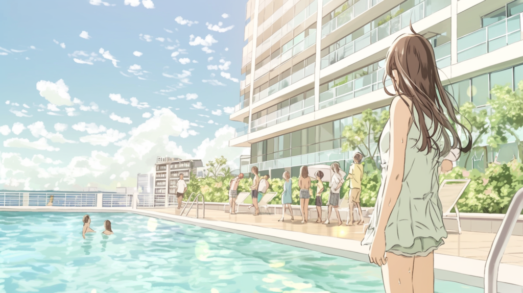 プールサイドに一人で立ち、水面を見つめる人物——回避型愛着スタイルを表すイラスト